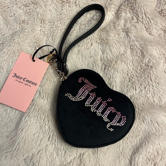Juicy Couture Velvet heart shaped zip, wristlet black with bling rhinestones - Picture 3 of 6
